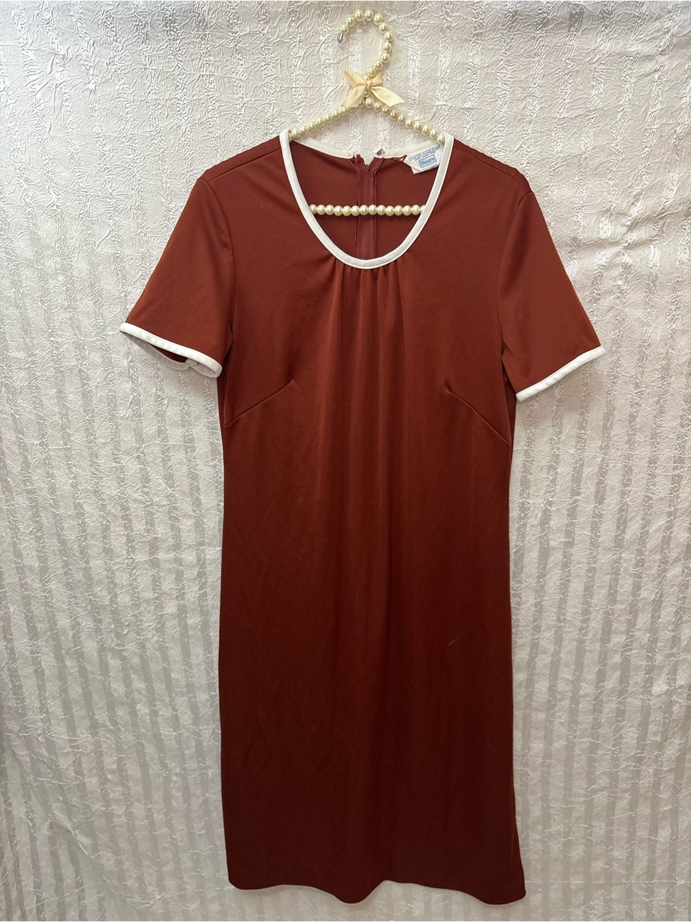 Sears Vintage 1970’s Shift Dress Red Rust Maxi Dress with White Trim size 18